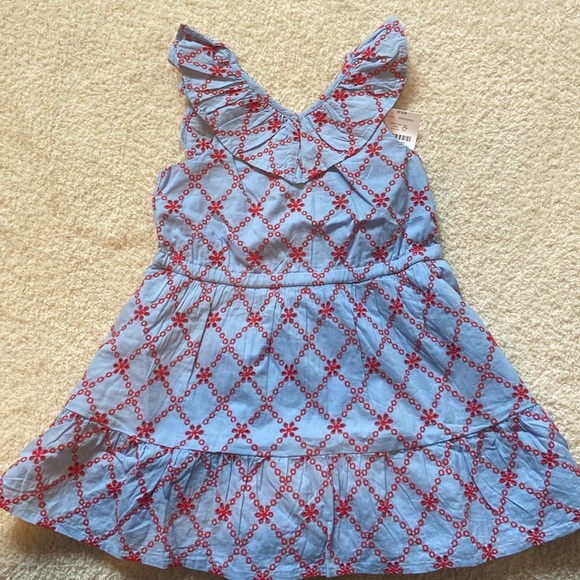 Girls’ eyelet ruffle dress. Blue and red. - Picture 1 of 3